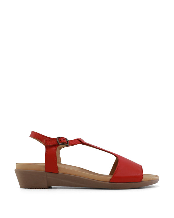 red sandal side view buckle design t bar