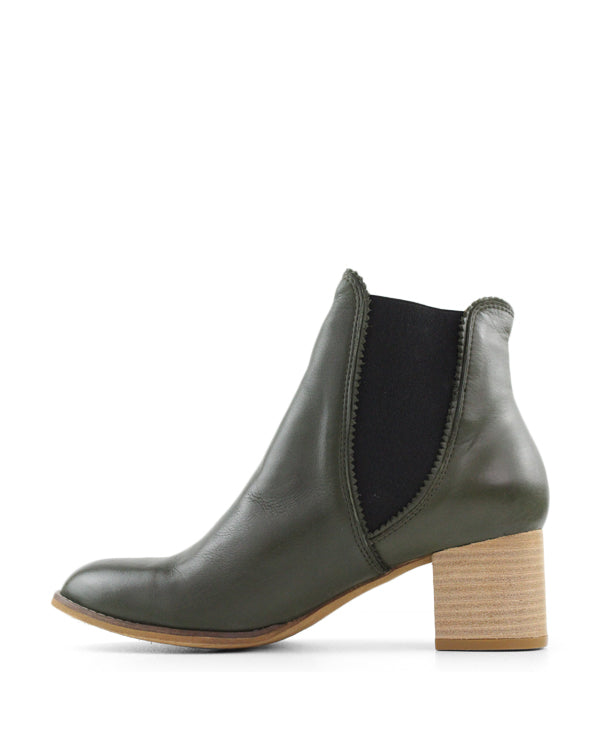 Side view green ankle boot with side elastic detail