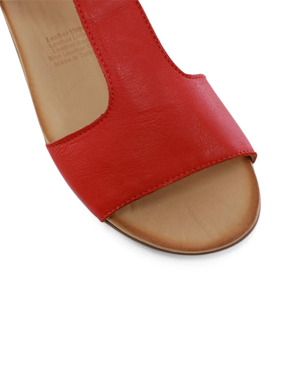 birds eye view of shoe rounded toe red leather toe strap