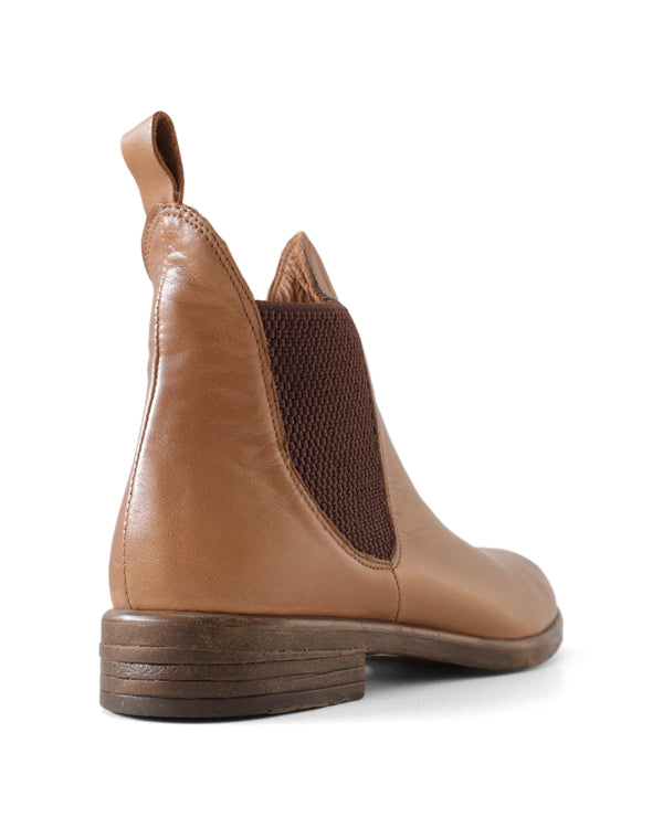 Rear view of brown ankle boot with side gussett