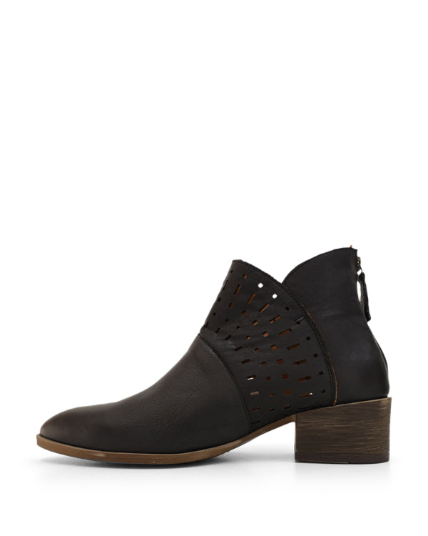 Side view laser cut black ankle boot