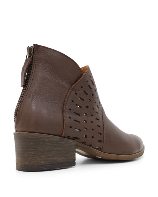 Back view of brown ankle boot with back zipper detail